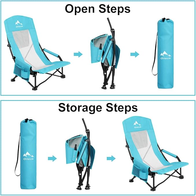 Oileus Folding Portable Beach Chair Lightweight High Back Low Seat for Tent &amp Shelter &amp Camping Full Mesh Back Cup Holder Storage/Carry Bag Armrest - 1 Pcs