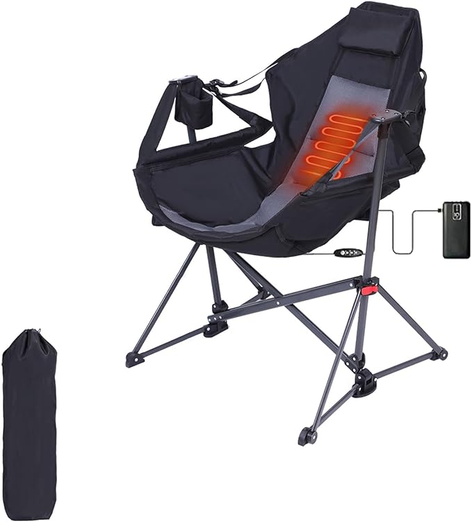 CDEN Heated Hammock Chair Heated Camping Chair Heated Swing Chair Heavy Duty with Stand Cup Holder Side Bag Power Bank Included for Patio Camping Backyard (1 Pack)