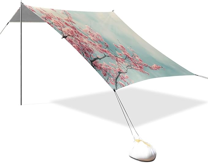 Cherry Blossom Tree Beach Tent Sun Shelter 9.2' x 10.5' Beach Canopy with 4 Sandbags 4 Stability Poles Sand Shovels - Tent Canopy for Beach Camping Fishing Picnics