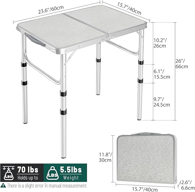 REDCAMP Small Camping Table 2 Foot Portable Aluminum Frame Folding Table Adjustable Height Lightweight for Picnic Beach Outdoor Indoor White 24 x 16 inch (3 Heights)