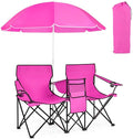 Double Camping Chair with Canopy Folding Camp Chairs w/Cup Holder Cooler &amp Carry Bag Table Side Pocket 2 Person Portable Beach Chair with Umbrella for Picnic Fishing (Pink)