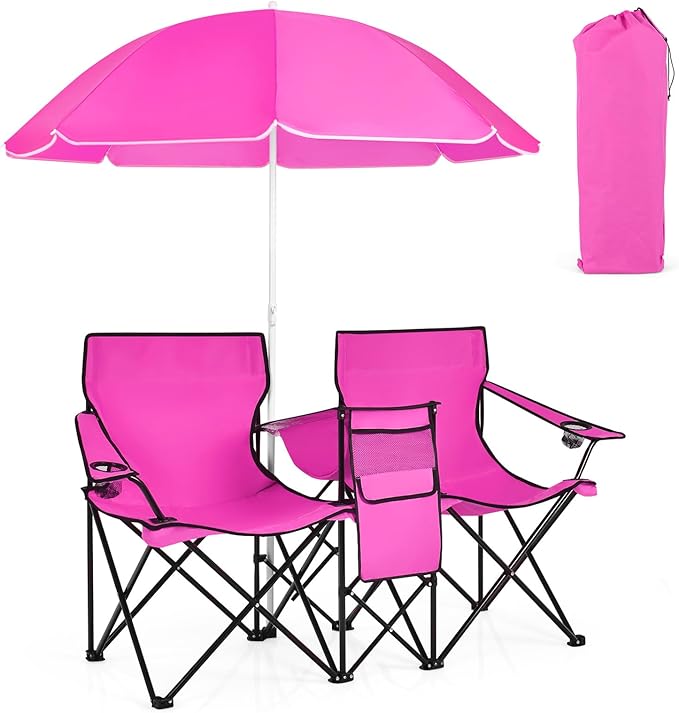 Double Camping Chair with Canopy Folding Camp Chairs w/Cup Holder Cooler &amp Carry Bag Table Side Pocket 2 Person Portable Beach Chair with Umbrella for Picnic Fishing (Pink)