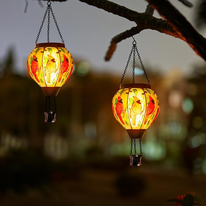 2 PCS Cardinal Hot Air Balloon Solar Lantern with Flickering Flame LightGlass Hanging Solar Lights Outdoor Waterproof for Patio Yard Party Gift Decor