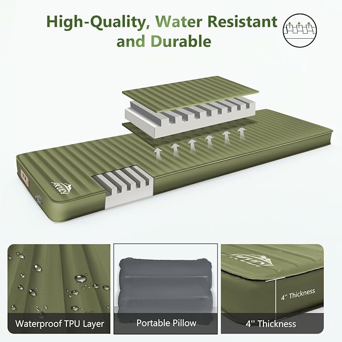 Self Inflating Sleeping Pad with Electric Pump 4 Ultra-Thick Memory Foam Camping Pad with Pillow 9.5 R-Value Insulated Camping Mattress Army Yellow