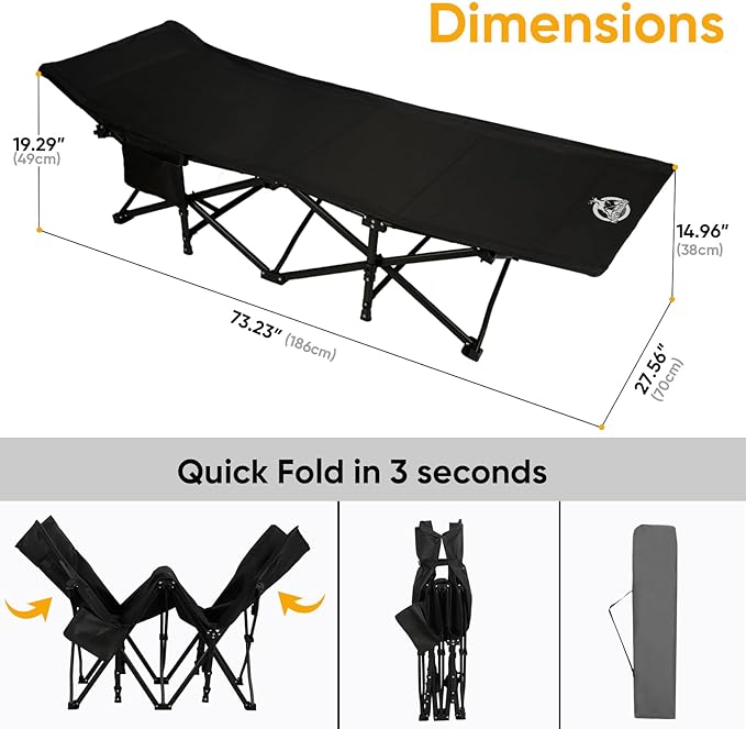 Northroad Camping Cot with Thick MattressQuick Set-Up Sleeping Cots with Side Pocket for Outdoor Camping Office Nap Home Garden Beach Travel Black