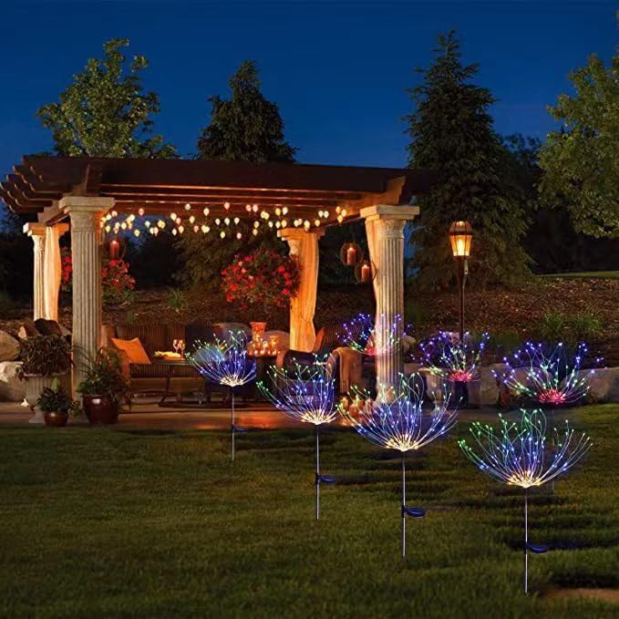 Solar Firework Lights 2Pcs Garden Lights Outdoor Waterproof 120 LED with 8 Modes Twinkling and Steady-On Festive daysStarburst Lights for Path Patio Yard (Colorful)