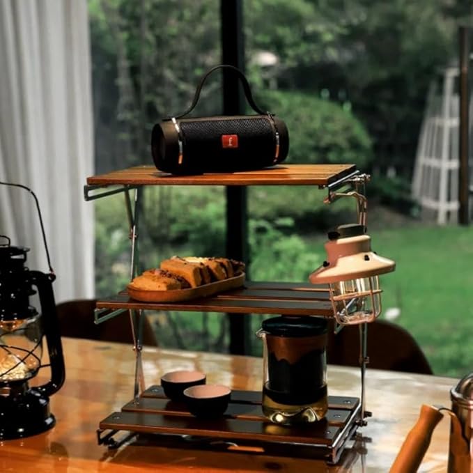 Three Level Solid Wood Outdoor Camping Rack Folding Multifunctional Storage Table Storage Display Rack Camping Coffee Table