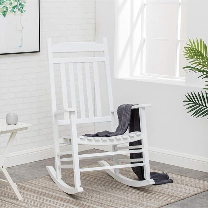 Wood Rocking Chair Porch Rocker Classic Outdoor Patio Outdoor Indoor Furniture for Balcony Backyard Garden Outside White
