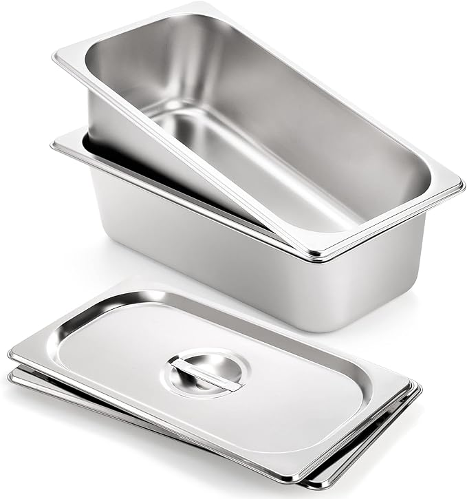 Kingrol 2 Pack 1/3 Size Hotel Pans with Lids 3-5/8 Depth 22 Gauge Steam Table Pan Stainless Steel Counter pan Food Service Pan for Kitchen