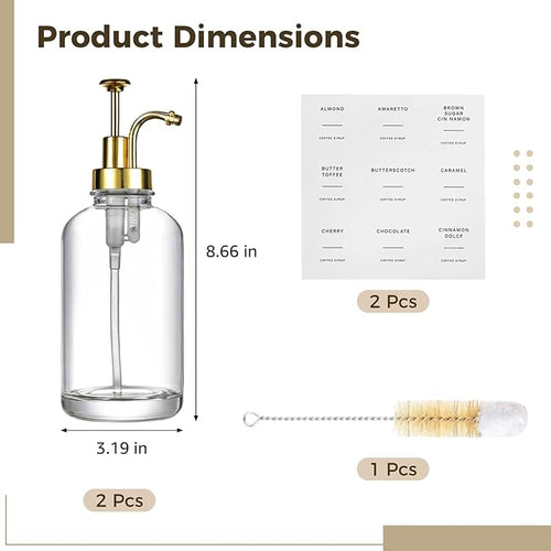 2 Coffee Syrup Dispensers with Pump 8.66 in Glass Bottles Includes Labels Brush &amp Funnel Syrup Bottles for Coffee Bar