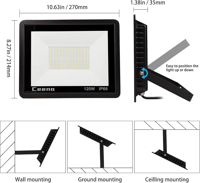 Ceena 2 Pack 120W Plug in LED Flood Light Outdoor 12000lm Super Bright Floodlight with Switch and 5.9FT Wire IP66 Waterproof 6000K LED Work Lights for Backyard Workshop Basketball Court