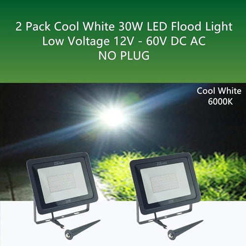 2 Pack Cool White 30W LED Flood Light Outdoor Waterproof IP65 Wall Security Landscape Lamp Home Square Yard Garage Street Pathway Spike Stand Low Voltage 12V 24V 36V 48V 60V DC AC