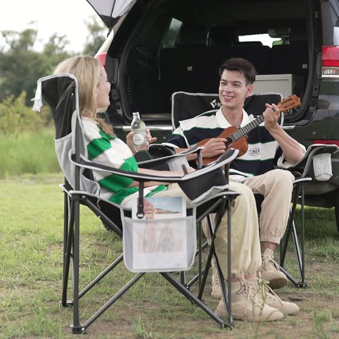 KingCamp Portable Folding Camping Quad Chair Oversized Fully Cushioned Seat with Side Pocket and Cup Holder for Tailgates Beach Lawn