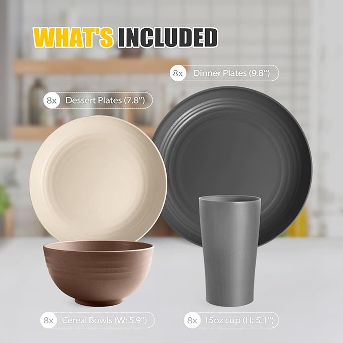 Teivio 32-Piece Kitchen Plastic Wheat Straw Dinnerware SetService for 8Unbreakable Dinner Plates BowlsCupsFarmhouse Outdoor Camping Dishes for Rustic Life/Country/Vintage ColorfulAesthetic