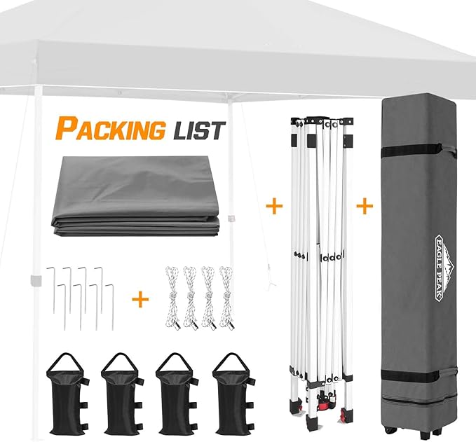 EAGLE PEAK Pop Up Canopy Tent with Wheeled Carry Bag 8 Stakes 4 Ropes 4 Weight Bags Easy Set Up Tent Canopy 10x10 ft 100sqft of Shade Gray