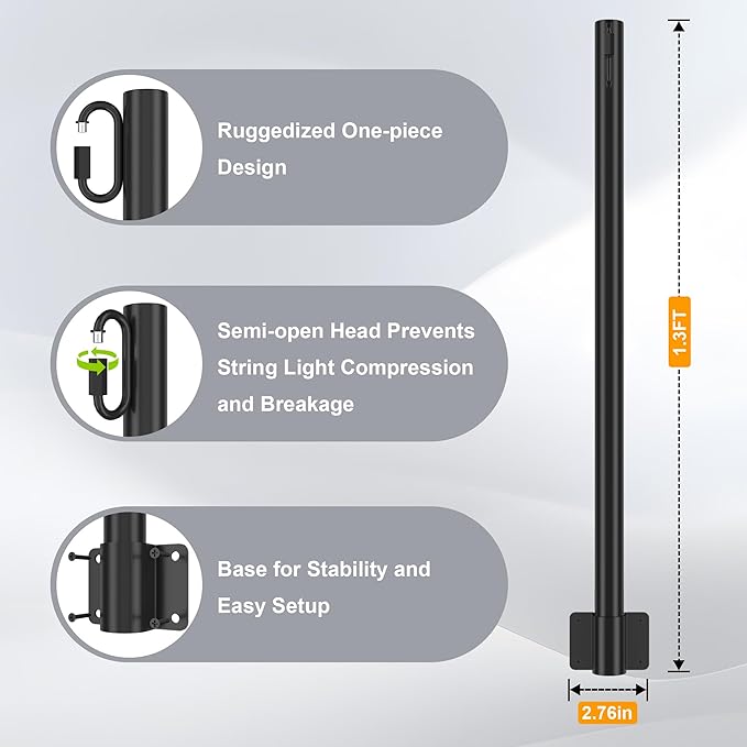 Suchtale 8 Pack 1.3 FT String Light Poles Suspension Outdoor Fence Post Lights with Clip and Bracket Outside String Lights Hanging Wall Mounting Stand for Patio Garden Backyard Wedding Party Black