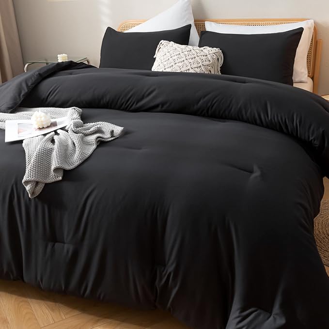 ROSGONIA Oversized King Comforter Black 3pcs(1 Boho Comforter &amp 2 Pillowcases) Soft Lightweight Oversized King Size Comforter Sets All Season Bedding