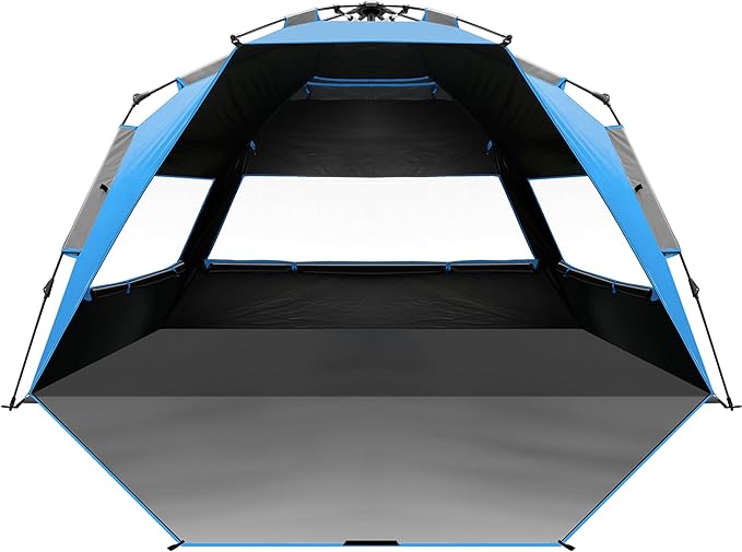 OutdoorMaster Beach Tent with Blackout Shelter Technology Portable Sun Shade Shelter 4 Person Pop Up Beach Tents with UPF 50+ UV Protection 9.5mm Thick Pole 3 Ventilating Mesh Windows -Blue
