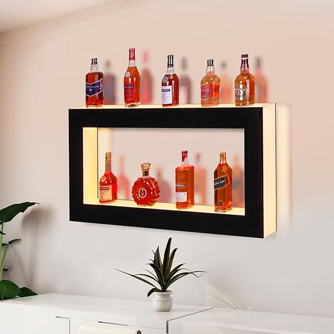 LED Lighted Bar Shelves Wall Mounted Wall Mounted Wine Rack Wine Bottle Holder 2-Tier 48 Inch Acrylic Whiskey Rack with Remote &amp App Control USB Powered for Home Bar &amp Commercial Use