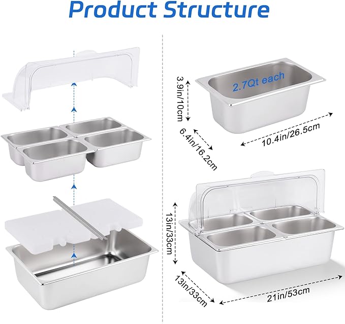 Cold Food Buffet Server 4 Pans×2.7QT with Ice Packs for Salad Pizza Sauce Colded Serving Trays Condiments Containers for Parties Buffet