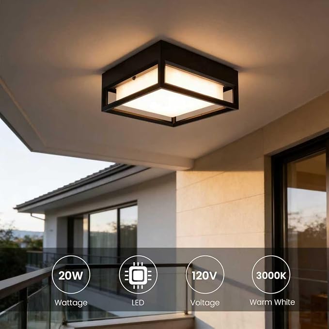 Out/Indoor Flush Mount Ceiling Light Square Flush Mount Outdoor LED Pendant Mounted Light Ceiling Light Fixture LED 20W 2000 Lumen 3000K Suitable for Wet Location(11inch)