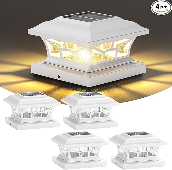 4 Pack Solar Post Cap Lights Outdoor Waterproof Fits 4x4 5x5 6x6 Wooden &amp Vinyl Fence Decks Edison LED Bulb with Warm &amp Cool White Light Modes (Classic White 4)