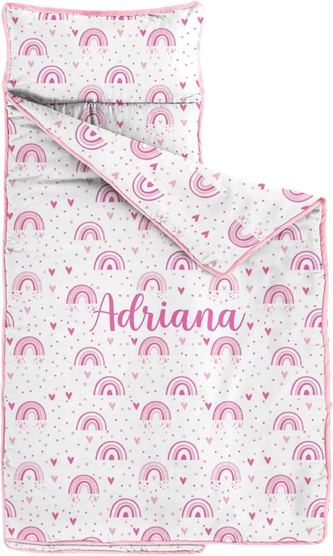 Personalized Boho Rainbow Toddler Nap Mat with Pillow and Blanket Custom Name Kids Sleeping Bag for Daycare Preschool Napping Mats for Girls Kids Slumber Bags Sleep Padded Easy Roll Up