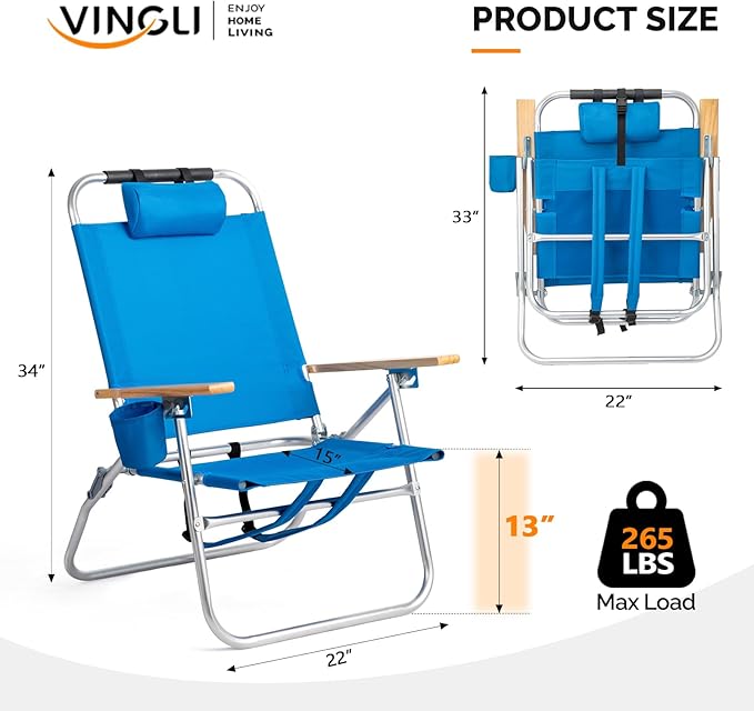 VINGLI 13 Aluminum Backpack Beach Chair – Tall Beach Chairs for Adults Portable with Adjustable Straps 3-Position Reclining Cup Holder High Lightweight Beach Chairs for BeachCamping Picnic
