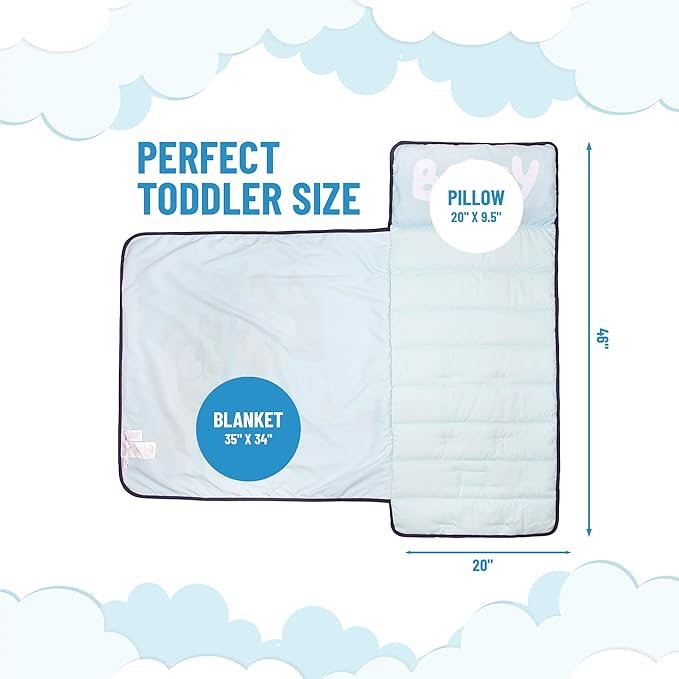 Jay Franco Kids Nap Mat with Embedded Pillow &amp Blanket – Soft 46x20 Microfiber Sleeping Bag with Name Tag &amp Handle for School Travel Sleepover Blue - Bluey
