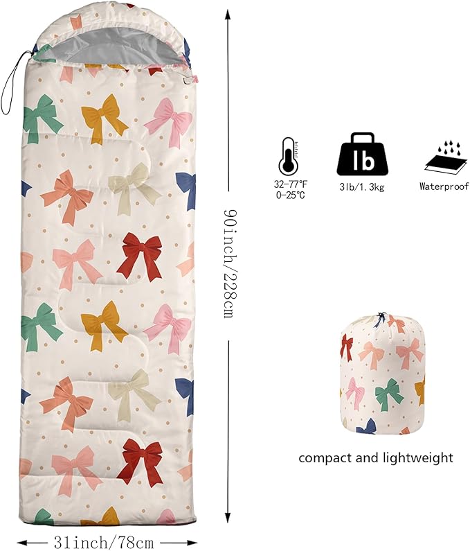 Colorful Bow Sleeping Bag 3 Season Warm Cool Weather Hand Drawn Bow Camping Sleeping Bag for Adult Cute Bowknot Camping Backpacking for Outdoor Traveling Hiking Hunting Gear Equipment