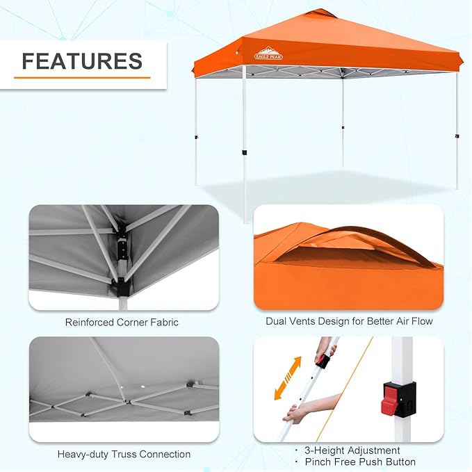 EAGLE PEAK Pop Up Canopy Tent with Wheeled Carry Bag 8 Stakes 4 Ropes 4 Weight Bags Easy Set Up Tent Canopy 12x12 ft 144sqft of Shade Orange