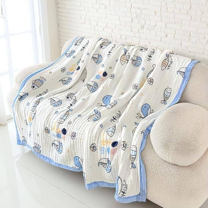 ITFRO Cooling 6 Layer Cotton Muslin Blanket For Hot Sleepers Twin Size 60x80 Inches Whale Soft Breathable Lightweight Reversible Summer Gauze Blanket for Adults Couch Sofa Bed Camping (Whale 60x80)