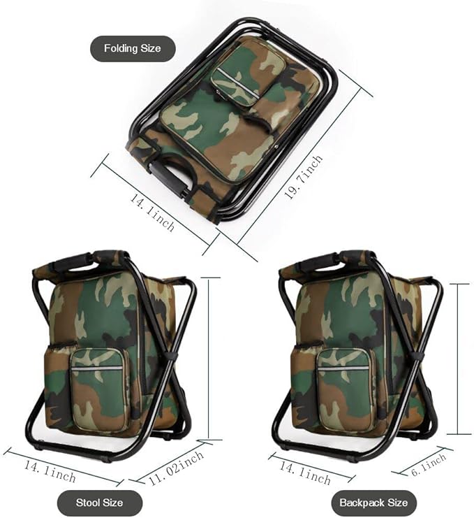 Portable Hiking Camouflage Camping Stool Folding Camping Chair Stool Backpack with Cooler Insulated Picnic Bag