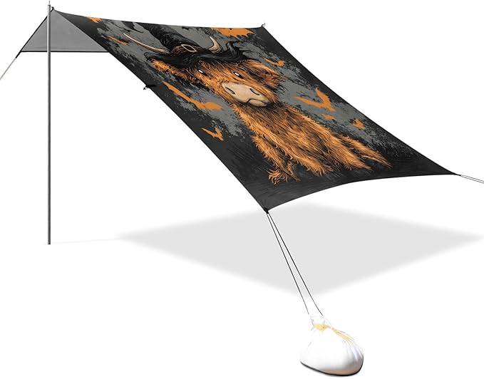 ALAZA Highland Bull Bat Halloween Beach Tent Sun Shelter UPF50+ Protection Beach Shade Canopy w/ 4 Sandbags for Outdoor Camping Fishing Backyard Fun Picnic 10x9 ft