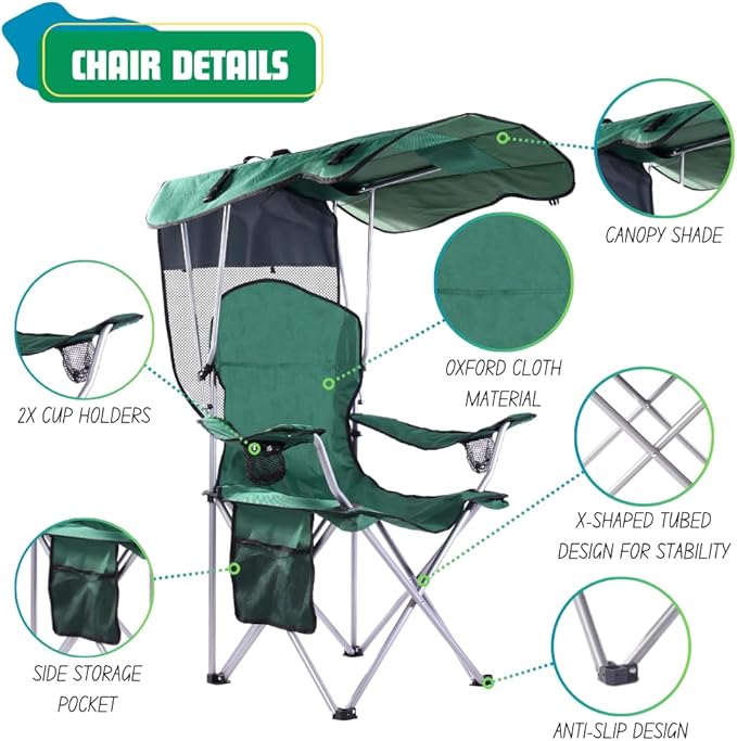 EZONE Folding Canopy Camp Chair for Outdoors Shade Canopy Portable Chair Camping Tailgates Beach Pool Lawn Chair Sunshade Travel Chair Folding Camping Chair (Upgraded - Green)