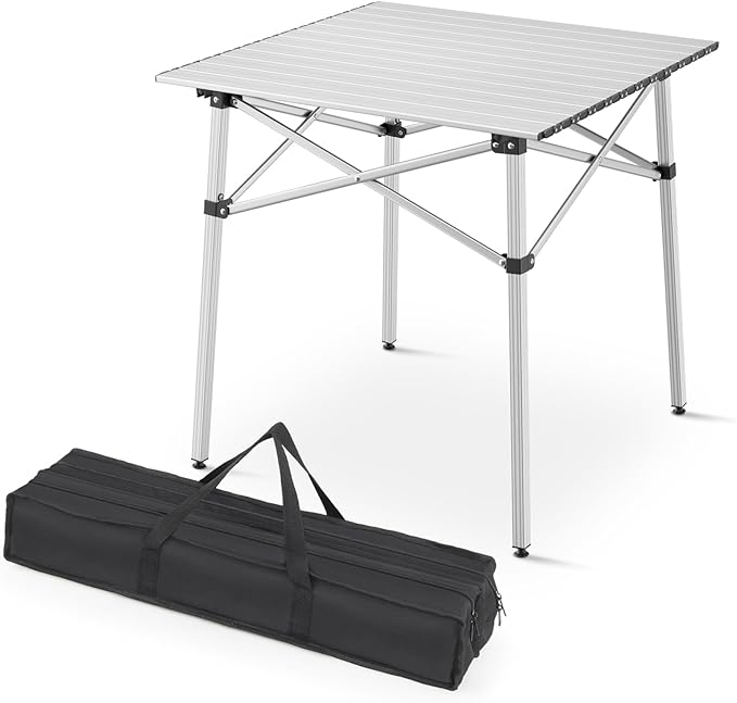 Athena Collection Foldable Camping Table 28 Small Aluminum Outdoor Folding Camp Table with Roll Up Tabletop and Carry Bag Lightweight and Portable for Outdoor Camping Picnic Grilling Silver