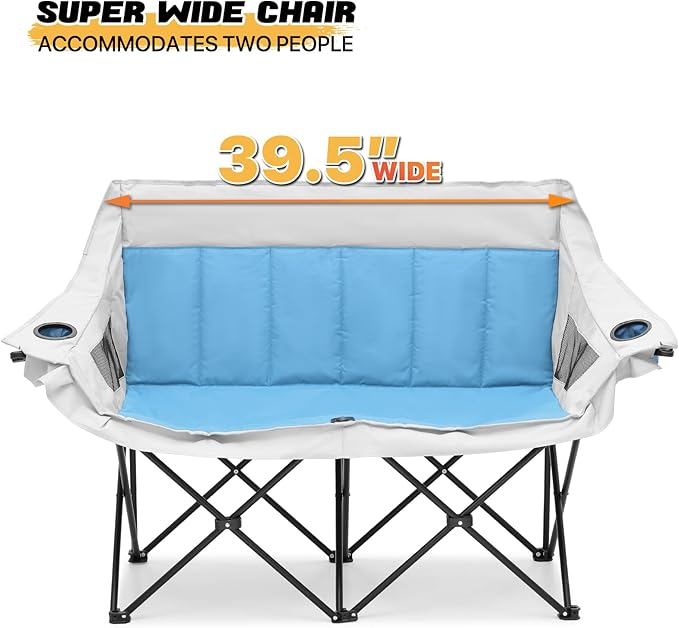 MoNiBloom Collapsible Double Camping Loveseat Chair Outdoor Beach Lawn Picnic Hiking Travel Portable Foldable Collapsible 2-Person Love Seat Camp Chair for Adults (Sky Blue and Light Gray)