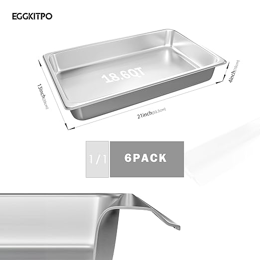 EGGKITPO Hotel Pans Full Size 6-Pack 4 Inch Stainless Steel Trays for Food Commercial Hotel Pan Food Containers Chafing Pans for Restaurant Buffet Party Supplies