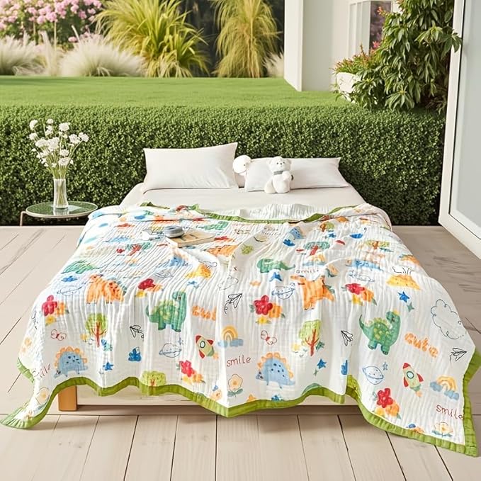 ITFRO Cooling 6 Layer Cotton Muslin Blanket For Hot Sleepers Twin Size 60x80 Inches Dinosaur Soft Breathable Lightweight Reversible Summer Gauze Blanket for Adults Sofa Bed Camping (Dinosaur 60x80)