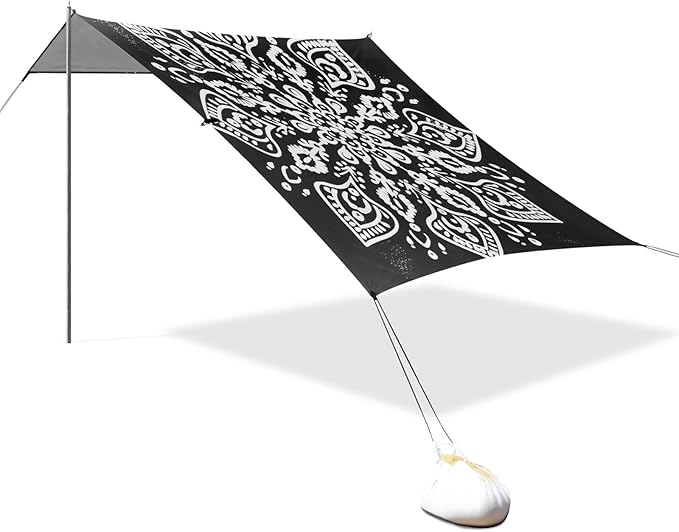 ALAZA White Mandala Graffiti Beach Tent Sun Shelter UPF50+ Protection Beach Shade Canopy w/ 4 Sandbags for Outdoor Camping Fishing Backyard Fun Picnic 10x9 ft