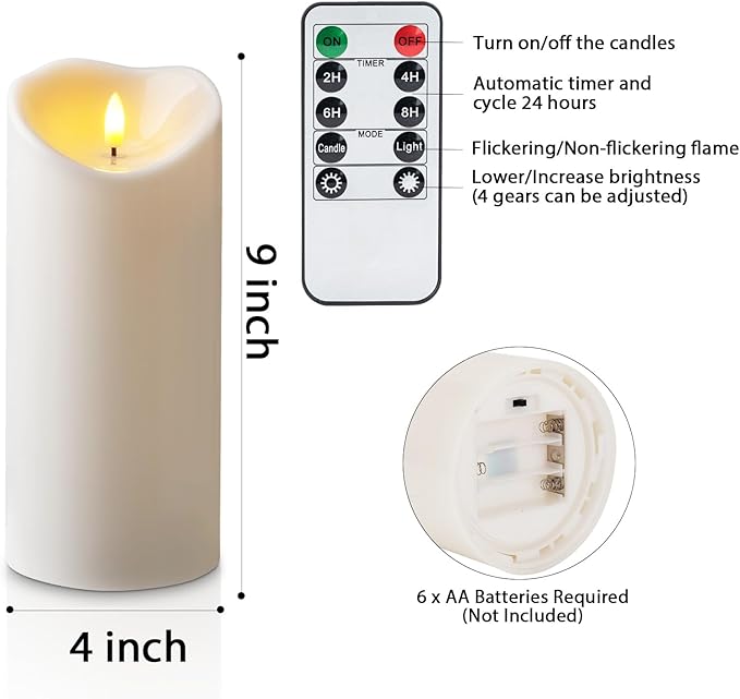 Amagic 4” x 9” Large Outdoor Waterproof Flameless Candles with Remote Battery Operated Candles with Timer Flickering Fake LED Pillar Candle for Patio Yard Porch Decor Ivory White Set of 2