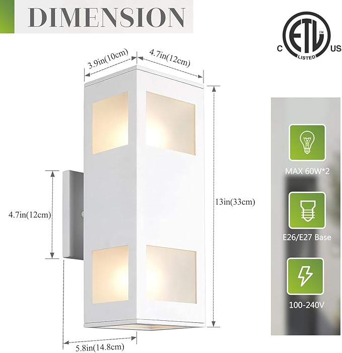 harriet Porch Lights Outdoor Modern - IP64 Waterproof Aluminum and Tempered Glass Cover 13 Rectangular Up/Down Wall Sconce for Porch Garage &amp Patio Exterior Lighting White