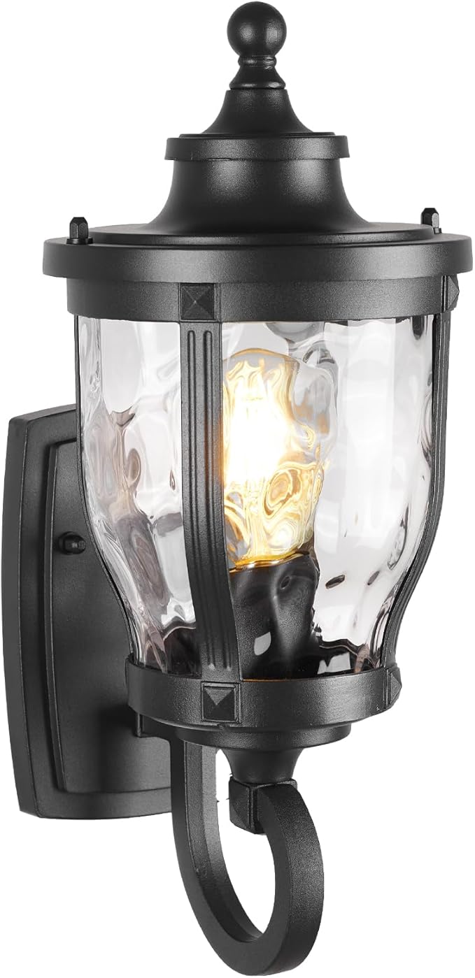 JYZ 15 Outdoor Wall Light Lantern Anti-Rust Exterior Wall Sconce with Hammered Water Ripple Glass Waterproof Matte Black Outside Lighting Fixture for Front Door Porch Garage