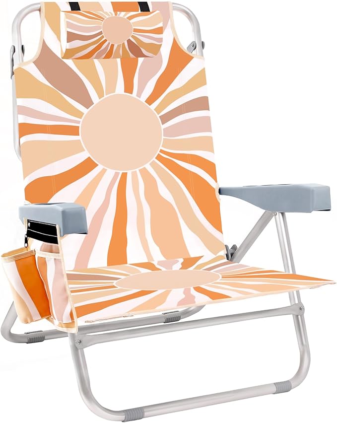 Beach Chair for Adults 5 Position Lay Flat Backpack Beach Chair with Cooler Cup Holder and Storage Bag Portable Folding Heavy Duty Beach Lounger for Outdoor Lawn Camping Festivals-Boho Sun