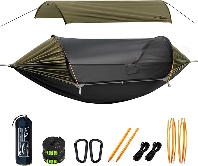 Camping Hammock Tent with Mosquito Net and Removable Sunshade 4 in 1 Function Lightweight Hanging Hammocks Tree Straps Swing Bivvy Ground Tent for Outside Hiking and Travel