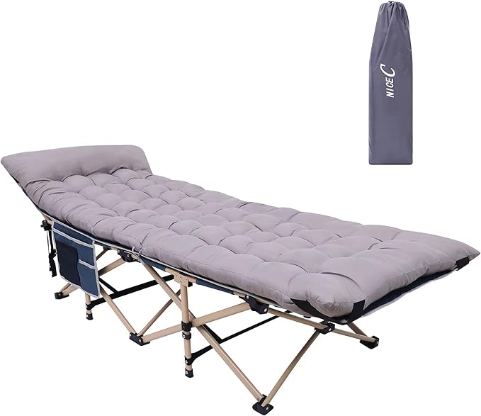 Nice C Camping Cots with Cushion Camping Cots with Mattress for Adults Folding Cot with Pillow Carry Bag &amp Storage Pocket Extra Wide Sturdy Holds Up to 500 Lbs (1 Mattress Grey)