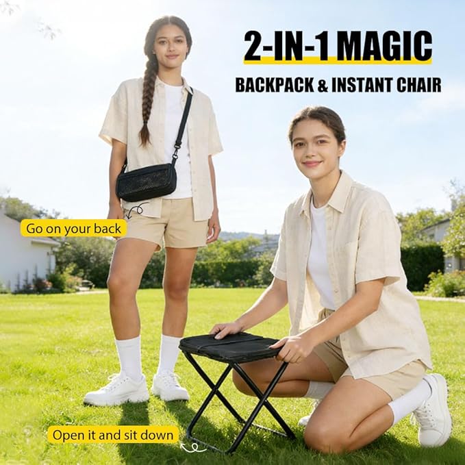 Foldable Backpack Stool 2026 New Foldable Backpack Stool for Adults Folding Camping Stool which can Turned Into a Satchel Ultralight Pocket Chair for Fishing Hiking Camping (Black Large)