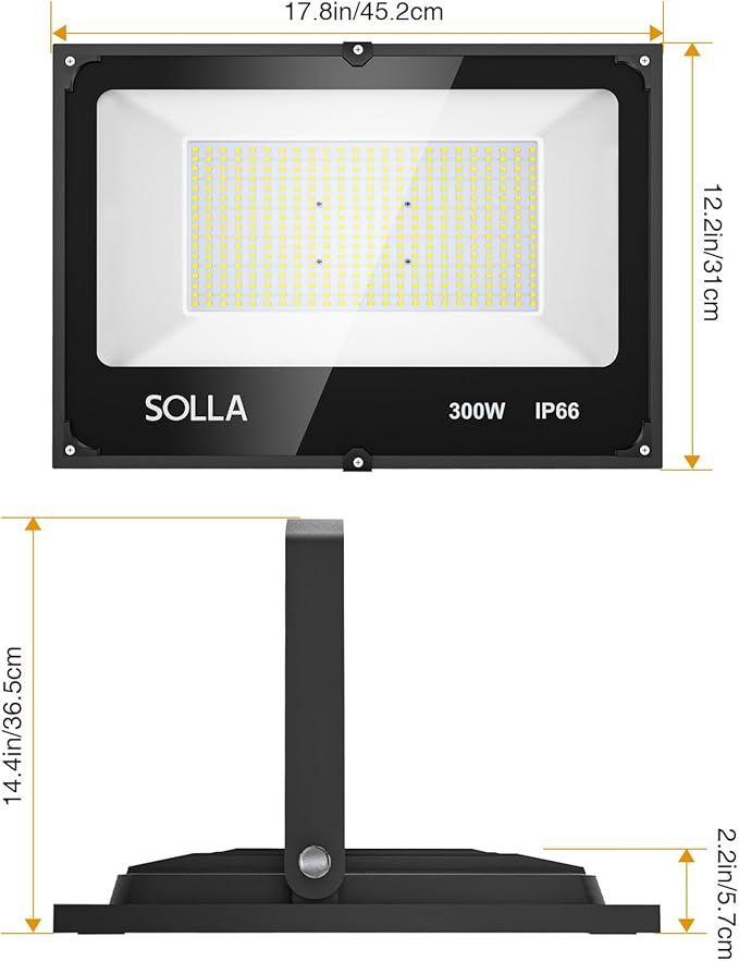 SOLLA 300W LED Stadium Flood Light with Dusk to Dawn Photocell Extreme Bright 6000K 30000LM 110-265V IP66 Waterproof Perfect Arena Light for Garden Rooftop Backyards Streets