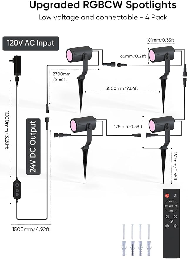 APPECK Smart Outdoor Spot Lights 24W RGBCW Color Changing Landscape Lights 4 Pack IP65 Waterproof Low Voltage Landscape Lighting App/Voice/Remote Control for Garden Yard Pathway Holiday Decor