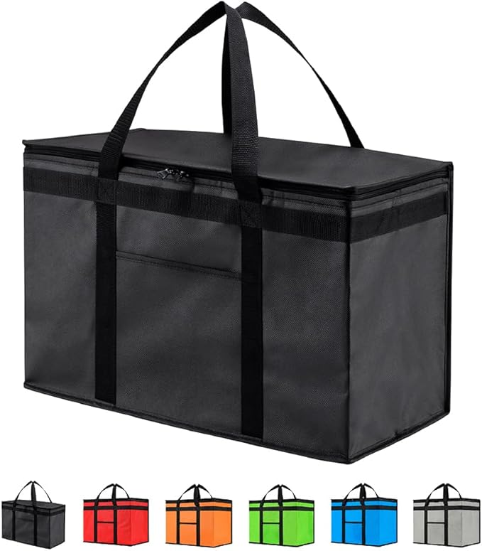 NZ home Insulated Bags for Food Delivery (2XL) Grocery Shopping Cooler Bag Pizza Delivery Hot &amp Cold Catering Tote Reusable Foldable &amp Heavy Duty (Black)